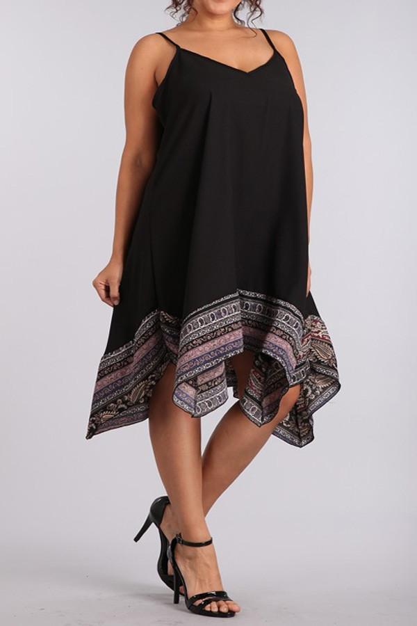 Plus Size Solid Sleeveless Midi Dress With Paisley Printed - Black