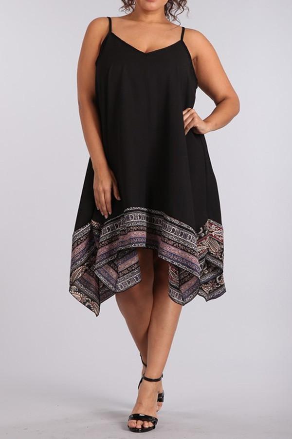 Plus Size Solid Sleeveless Midi Dress With Paisley Printed - Black