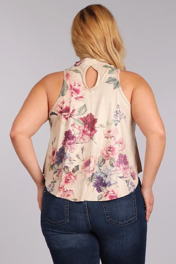 Plus Size Floral Printed Sleeveless Top In A Relaxed Fit - Tan