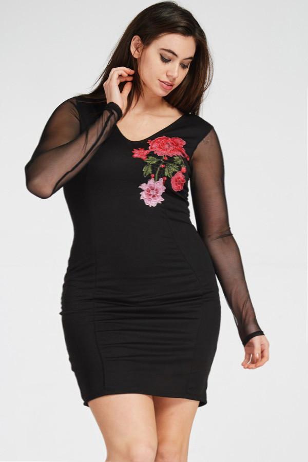 Plus Size Mesh Sleeve Embroidered Rose Dress