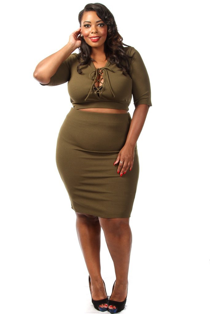 Plus Size Sexy Lace Up Crop Top  Skirt Set