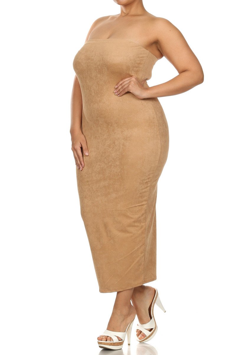 Plus Size Suede Strapless Body-con Midi Dress