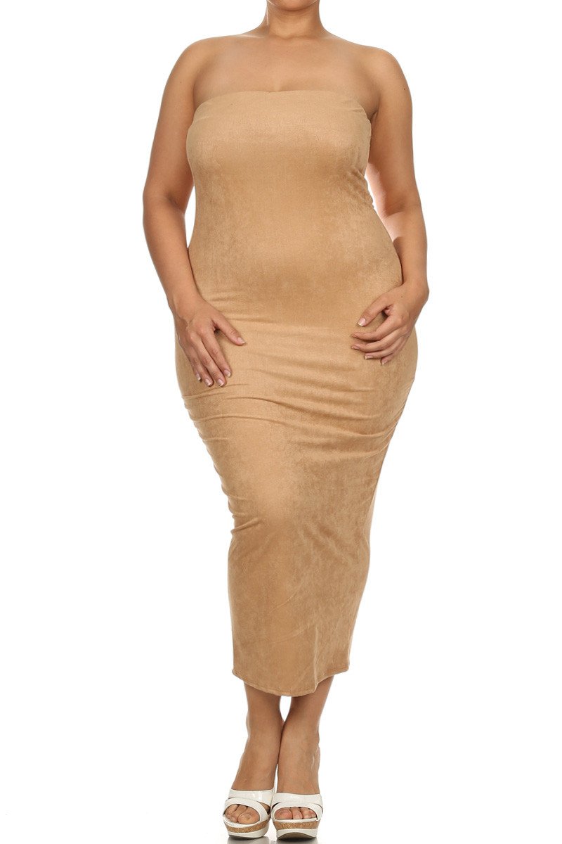 Plus Size Suede Strapless Body-con Midi Dress