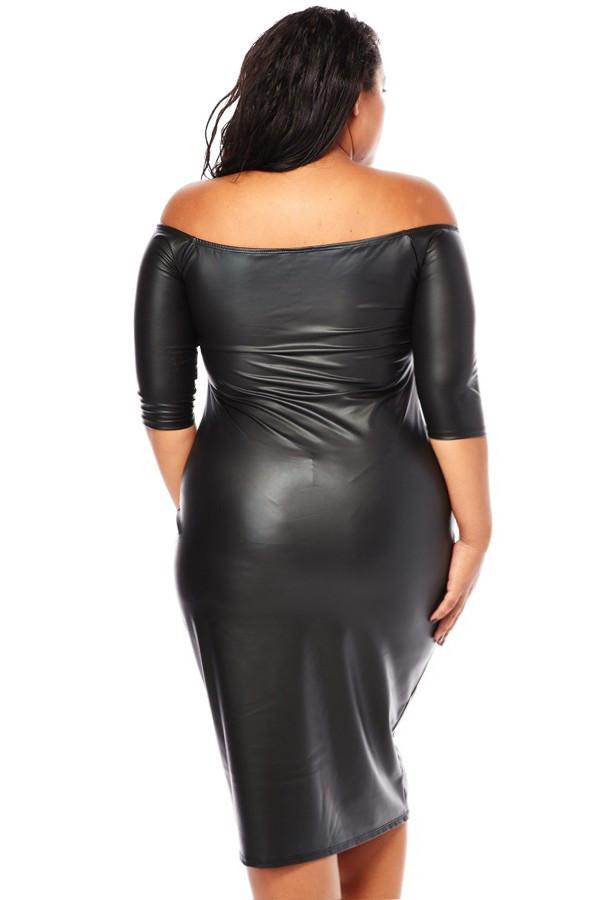 Plus Size Sexy Plunging Shoulder Leather Dress
