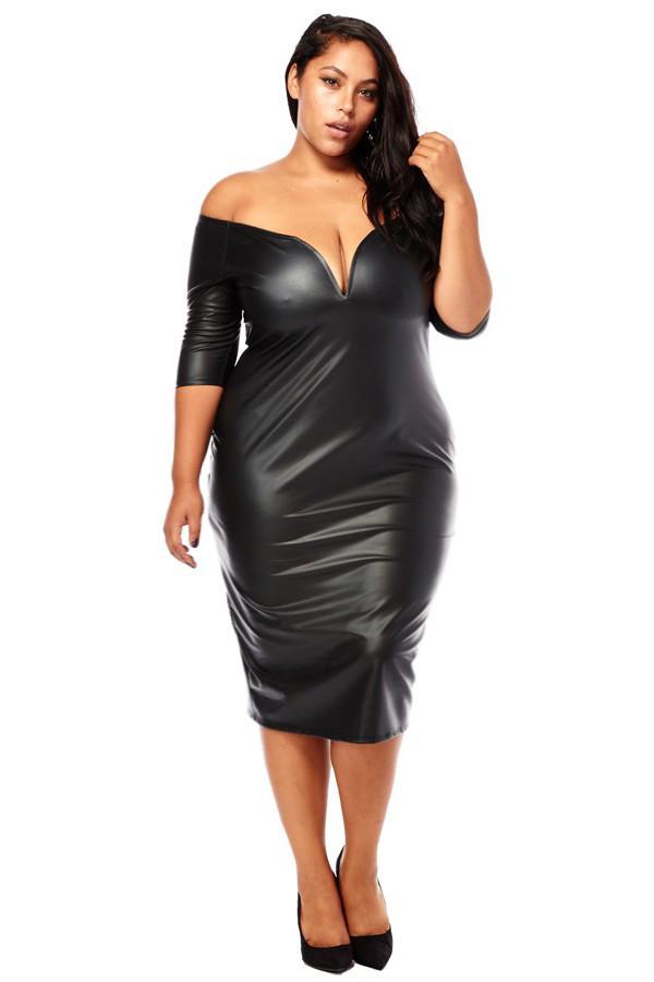 Plus Size Sexy Plunging Shoulder Leather Dress