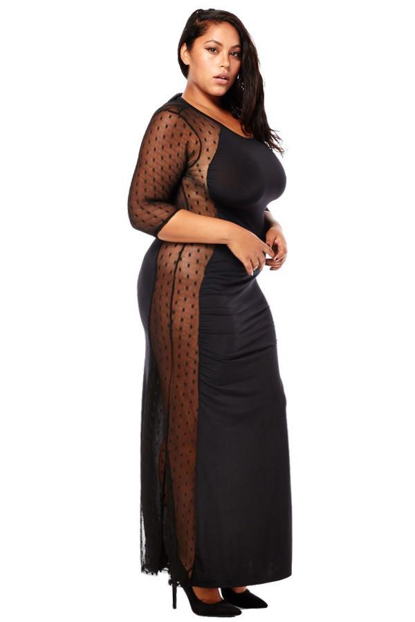 Plus Size Mesh Side Contrast Maxi Dress