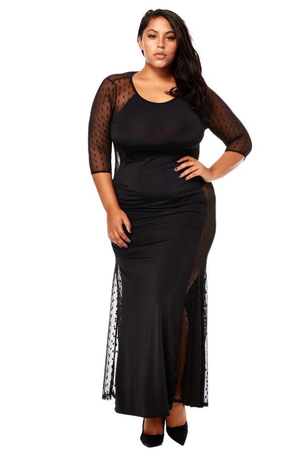 Plus Size Mesh Side Contrast Maxi Dress