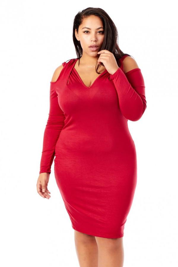 Plus Size Cold Cross Shoulder Long Sleeve Dress