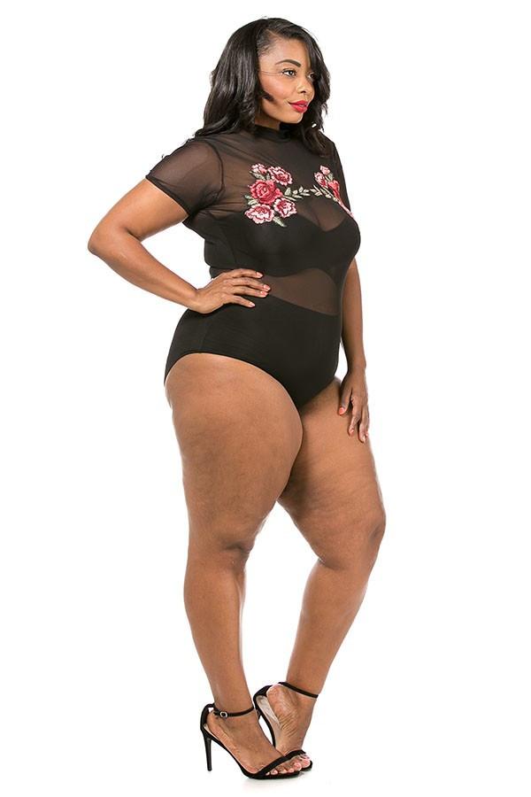 Plus Size Mesh Bodysuit With Flower Patch