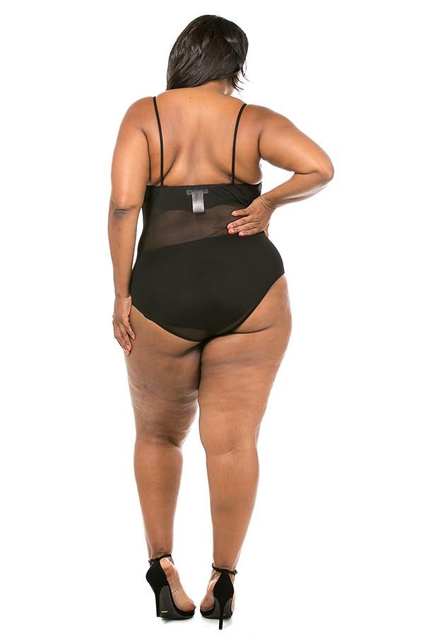 Plus Size Piping Detailed Mesh Bodysuit - Black