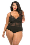 Plus Size Piping Detailed Mesh Bodysuit - Black