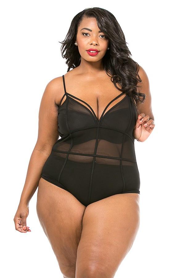 Plus Size Piping Detailed Mesh Bodysuit - Black