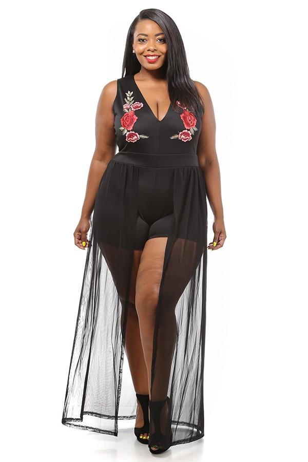 Plus Size Rose See Through Romper Skirt Set