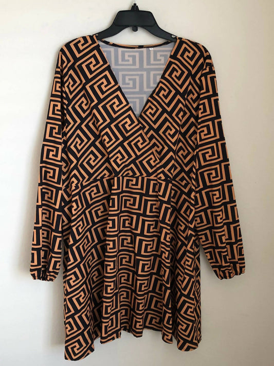 Square pattern V neck Long sleeve dress