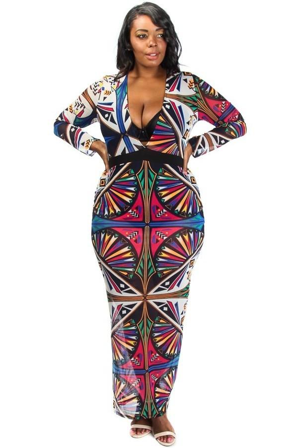 Plus Size Colorful Print Mesh Maxi Dress
