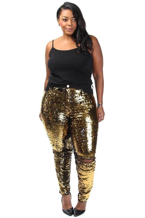 Plus Size Bedazzled Sparkling Knee Slit Denim Gold Jeans