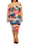 Plus Size Watercolor Tropical Off Shoulder Tube Dress - Multi