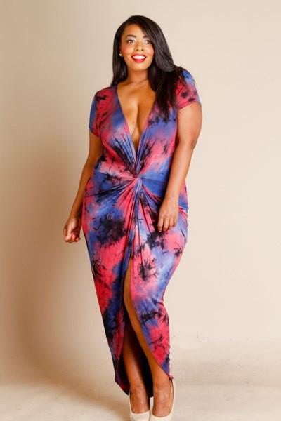 Plus Size Sexy Deep V Tie Dye Maxi Dress
