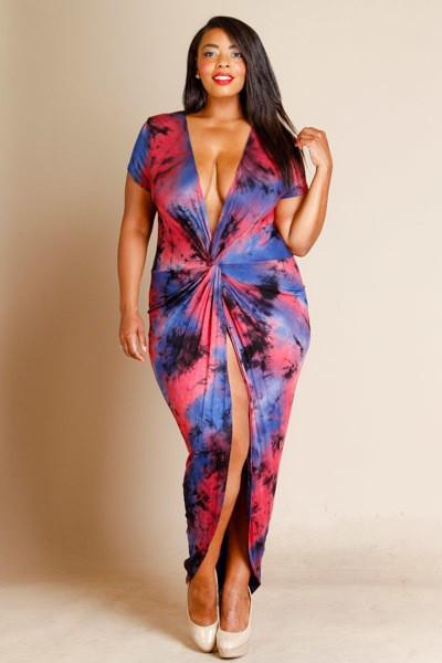 Plus Size Sexy Deep V Tie Dye Maxi Dress
