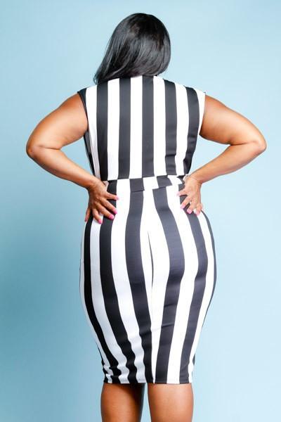 Plus Size Sexy V Detail Striped Midi Dress