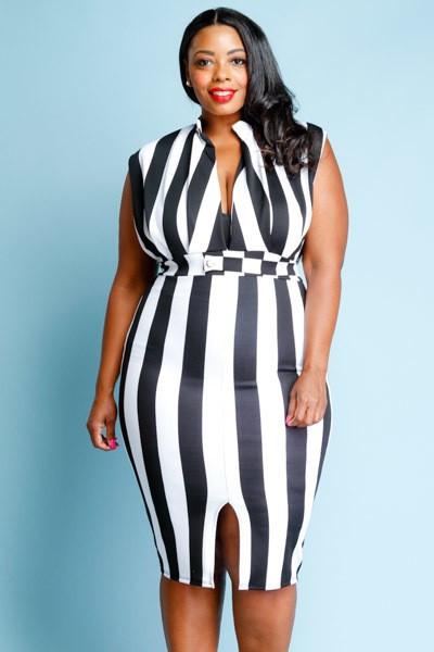 Plus Size Sexy V Detail Striped Midi Dress