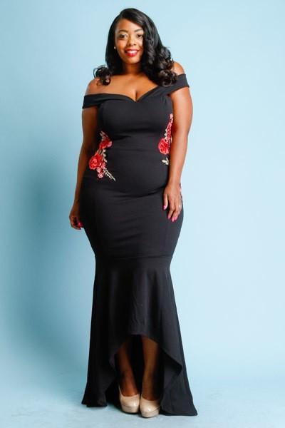Plus Size Floral Patch Side Mermaid Style Cocktail Maxi Gown