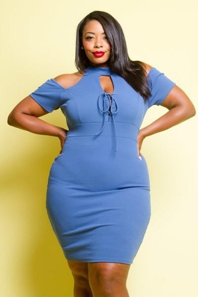 Plus Size Cute Cold Shoulder Drawstring Dress [SALE]