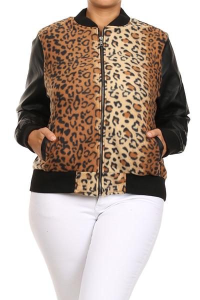 Plus Size Hot Leopard Leather Sleeve Jacket