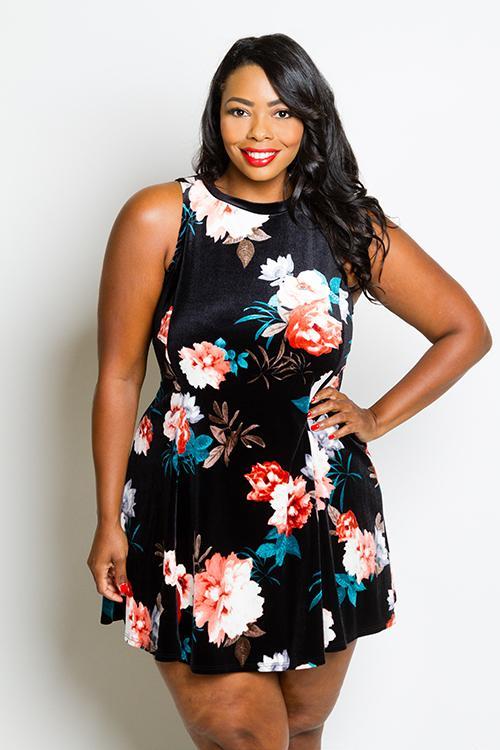 Plus Size Gorgeous Floral Soft Velvet Mini Dress