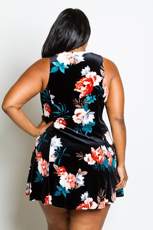 Plus Size Gorgeous Floral Soft Velvet Mini Dress