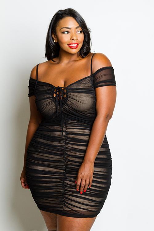 Plus Size Sexy Off Shoulder Ruched See Through Mesh Dress