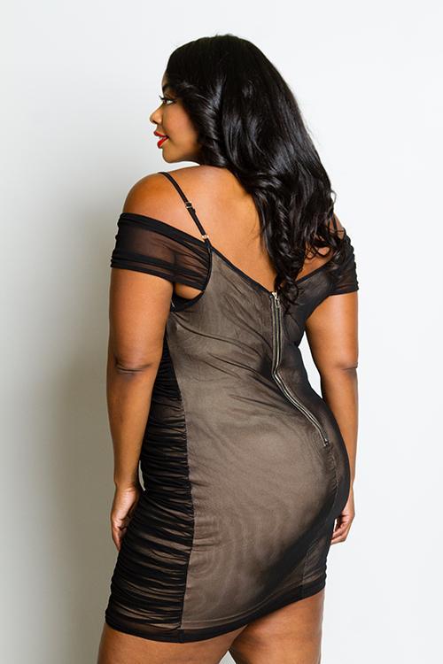 Plus Size Sexy Off Shoulder Ruched See Through Mesh Dress