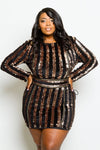 Plus Size Sparkling Sequin and Soft Velvet Striped Mini Dress