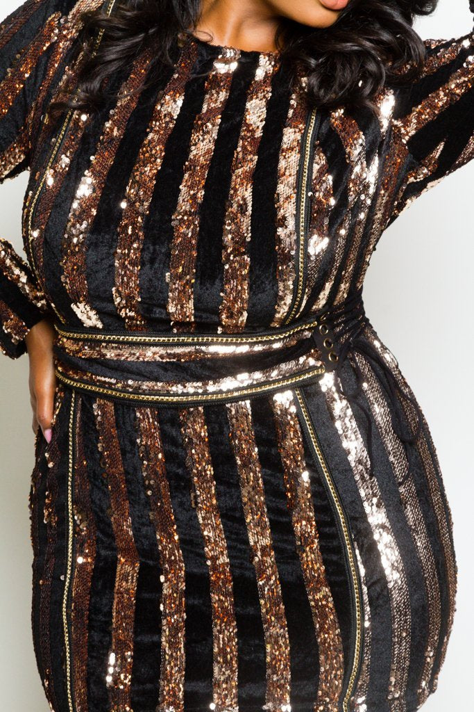 Plus Size Sparkling Sequin and Soft Velvet Striped Mini Dress