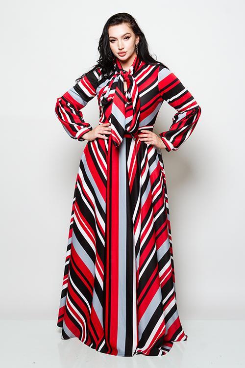 Plus Size Colorful StripedMaxi Dress with Bow