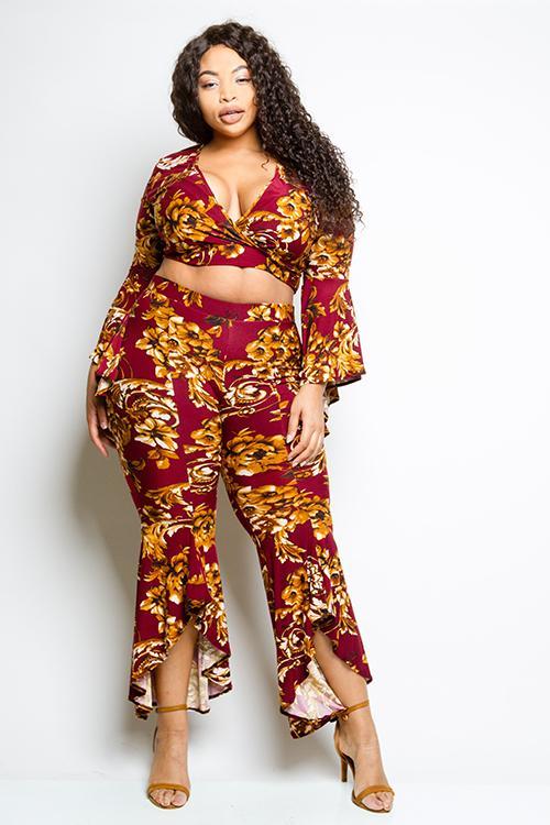 Plus Size Gorgeous Floral Cute Flare Two Piece