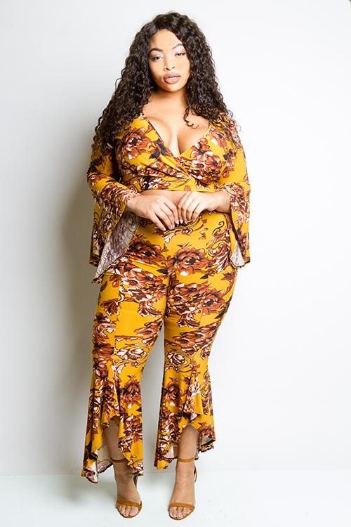Plus Size Gorgeous Floral Cute Flare Two Piece