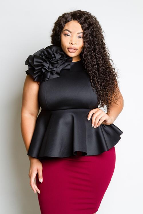 Plus Size Peplum Top with Flower Detail