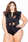 Plus Size See Through Mesh Insert Bodysuit with Glam Ruffle Sleeves