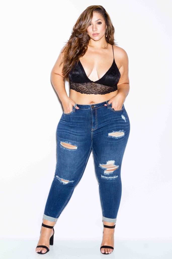 Plus Size Trendy Distressed Jeans with Rolled Cuff