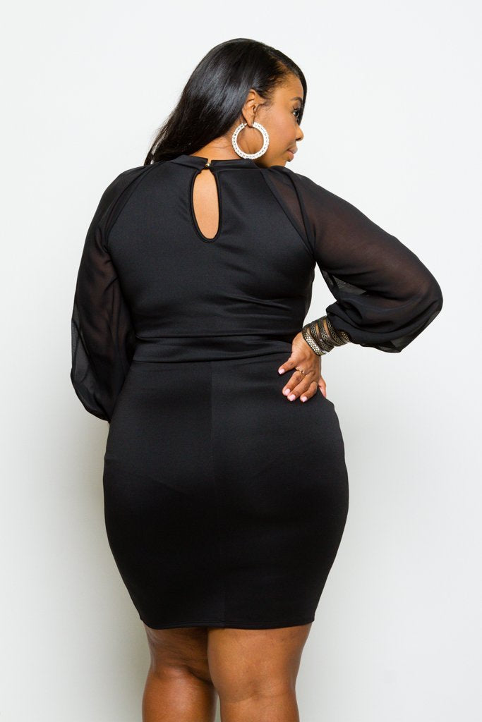 Plus Size Shimmering Cuff Bubble Sleeve Keyhole Dress [SALE]