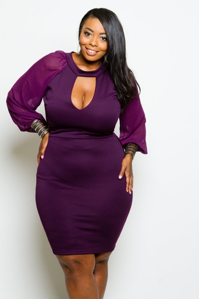 Plus Size Shimmering Cuff Bubble Sleeve Keyhole Dress [SALE]