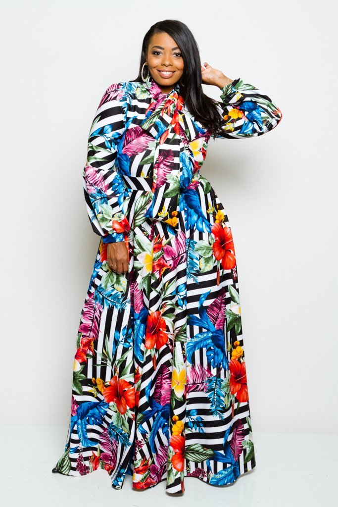 Plus Size Gorgeous Floral Striped Bow Maxi Dress