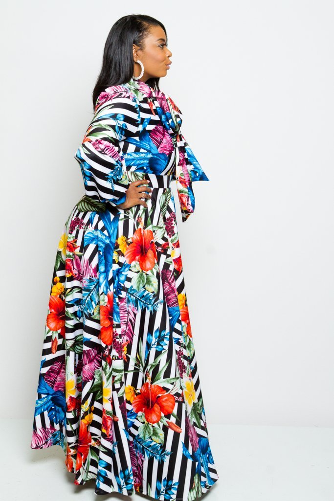 Plus Size Gorgeous Floral Striped Bow Maxi Dress
