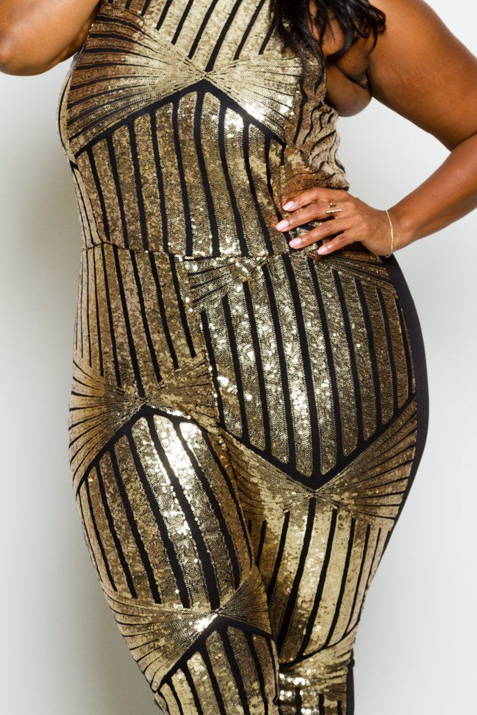 Plus Size Racer-back Sparkling Sequin Jumpsuit