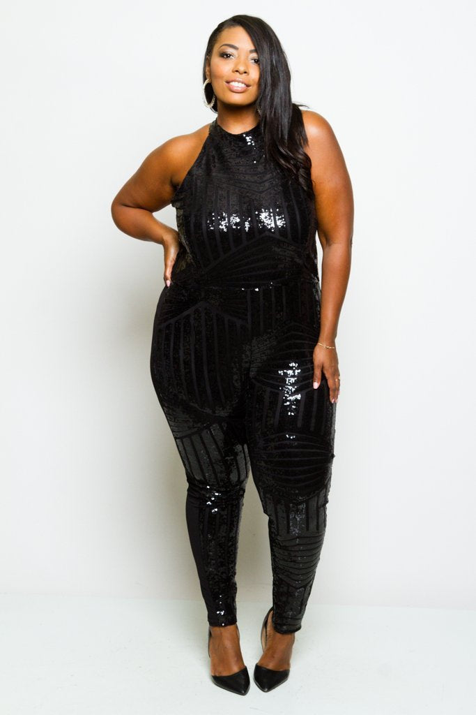 Plus Size Racer-back Sparkling Sequin Jumpsuit [SALE]