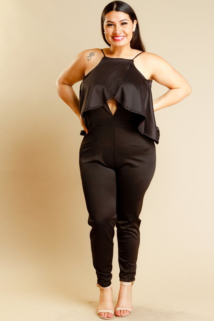 Plus Size Front Peep Hole Glam Ruffle Detail Solid Jumpsuit