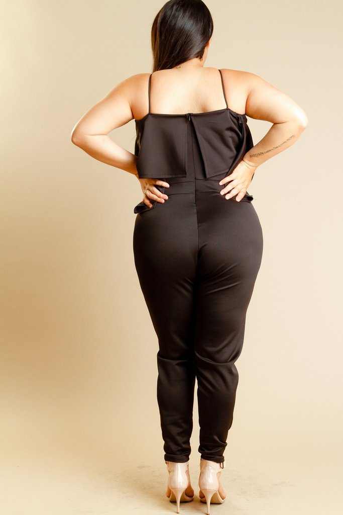 Plus Size Front Peep Hole Glam Ruffle Detail Solid Jumpsuit