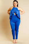 Plus Size Front Peep Hole Glam Ruffle Detail Solid Jumpsuit