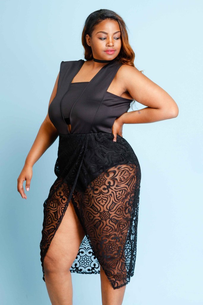 Plus Size Sexy Laced Bodysuit Overlap Dress